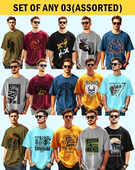 Ausk Men's Round Neck Half Sleeve Oversized Printed T-Shirt( Non Returnable) (Any 3)