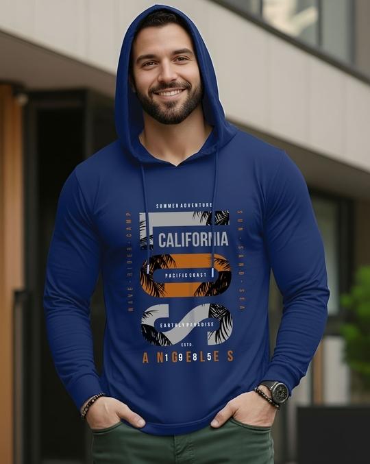 Ausk Men's Printed Full Sleeve Hooded Tshirt(Cotton Blend Fabric)(Blue) Non Returnable