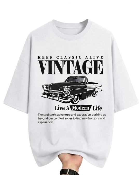 Ausk Men's Printed Half Sleeve Round Neck Oversized Cotton Blend T-Shirt (White & Black) (Non Returnable)