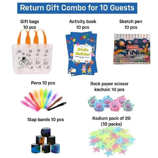 Balloon Walaz Astronaut Theme Birthday Return Gift Set-70 Pcs for 10 Kids | Space Party Favors & Stationery Kit