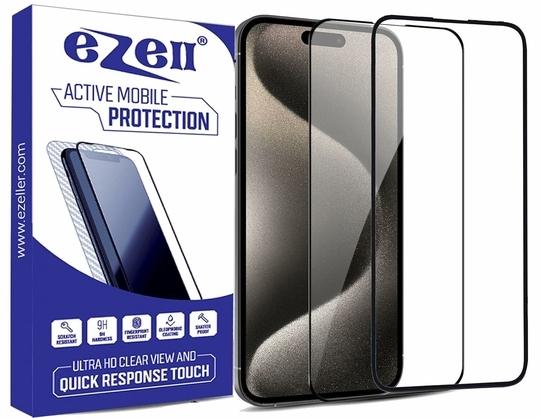 eZell APPLE IPHONE 15 FULL TEMPERED GLASS By G-TEL (2 Packs), ESD Anti-Static, Sensitive touch Edge to Edge Full Glue Tempered Mobile Screen protector with Wet & dry Wipes (Black)