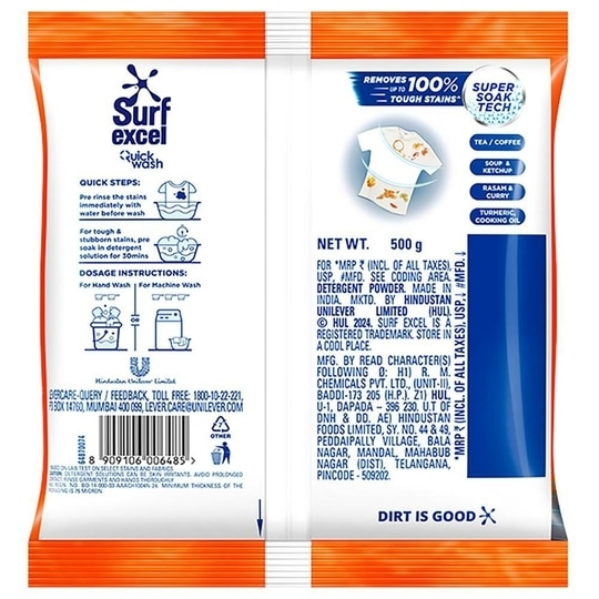 Surf Excel Quick Wash Detergent Powder 500 g