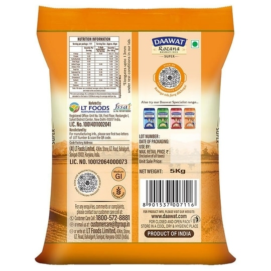 Daawat Rozana Super Dubar Basmati Rice 5 kg