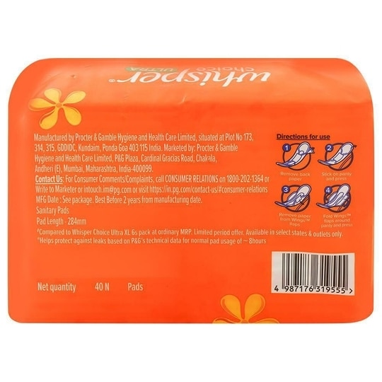 Whisper Choice Ultra Sanitary Napkin with Wings (XL) 40 pads