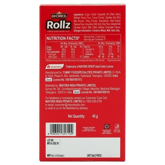 Mayora Go Choco Rollz Wafer Biscuit 45 g