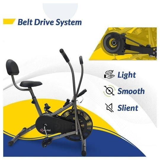 PowerMax Fitness BU-201 Dual Action Air Bike/Exercise Bike for Home |Gym Cycle for Workout With Adjustable Cushioned Seat | Non-Slip Pedals | Fixed Handles Black Gym Bike, Max user weight 120 KG