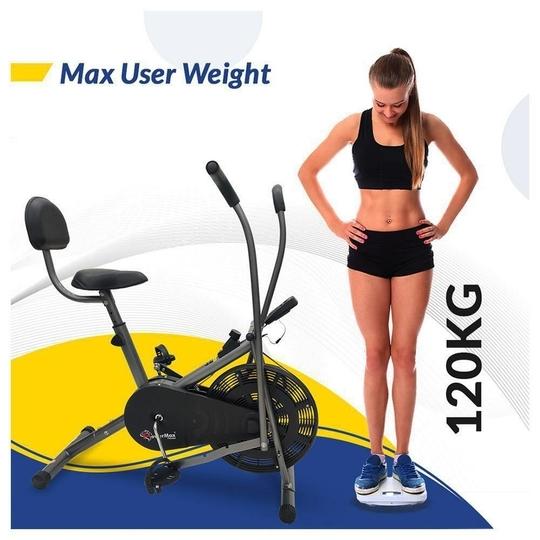 PowerMax Fitness BU-201 Dual Action Air Bike/Exercise Bike for Home |Gym Cycle for Workout With Adjustable Cushioned Seat | Non-Slip Pedals | Fixed Handles Black Gym Bike, Max user weight 120 KG