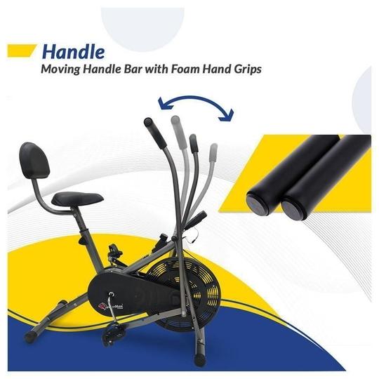 PowerMax Fitness BU-201 Dual Action Air Bike/Exercise Bike for Home |Gym Cycle for Workout With Adjustable Cushioned Seat | Non-Slip Pedals | Fixed Handles Black Gym Bike, Max user weight 120 KG