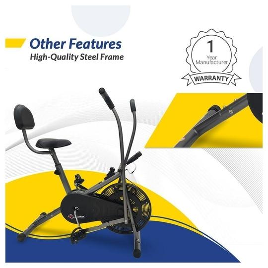 PowerMax Fitness BU-201 Dual Action Air Bike/Exercise Bike for Home |Gym Cycle for Workout With Adjustable Cushioned Seat | Non-Slip Pedals | Fixed Handles Black Gym Bike, Max user weight 120 KG