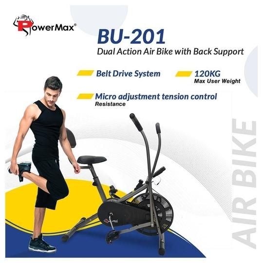 PowerMax Fitness BU-201 Dual Action Air Bike/Exercise Bike for Home |Gym Cycle for Workout With Adjustable Cushioned Seat | Non-Slip Pedals | Fixed Handles Black Gym Bike, Max user weight 120 KG