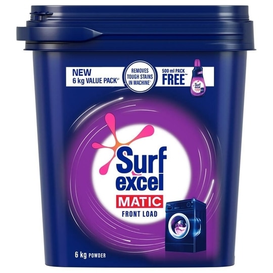 Surf Excel Matic Front Load Detergent Powder (6 kg + Free Liquid Detergent 500 ml)