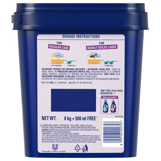 Surf Excel Matic Front Load Detergent Powder (6 kg + Free Liquid Detergent 500 ml)
