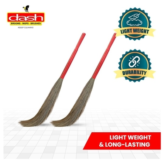 Dash Broom Grass Broom - Pack of 2, Natural Grass Broom for Daily Use with Plastic Handle, Long lasting and Durable Jhadu