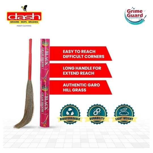 Dash Broom Grass Broom - Pack of 2, Natural Grass Broom for Daily Use with Plastic Handle, Long lasting and Durable Jhadu