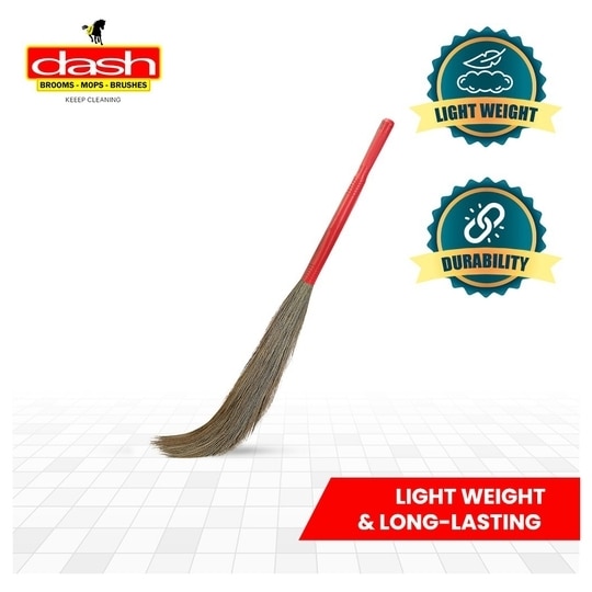 Dash Broom Grass Broom - Pack of 2, Natural Grass Broom for Daily Use with Plastic Handle, Long lasting and Durable Jhadu