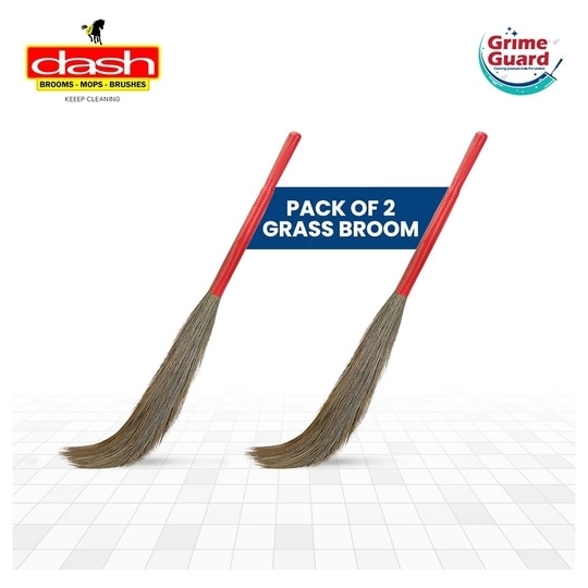 Dash Broom Grass Broom - Pack of 2, Natural Grass Broom for Daily Use with Plastic Handle, Long lasting and Durable Jhadu