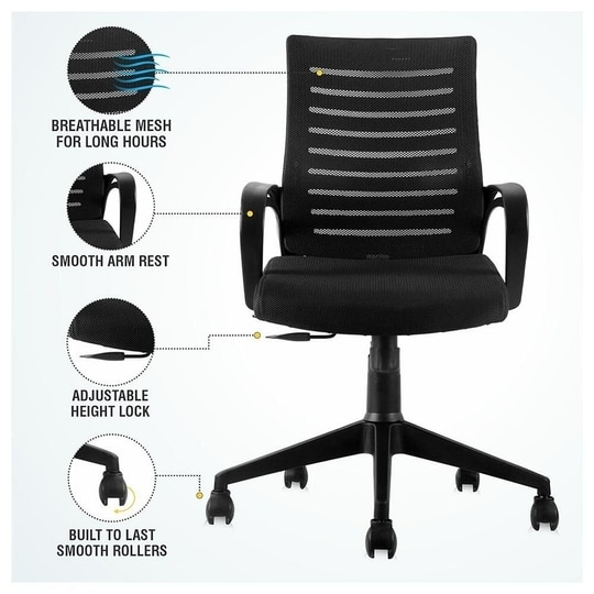 ASTRIDE Ace Mid Back Office Chair for Work from Home/Study Chair Height Adjustable Revolving Chair with Tilt Lock [Heavy Duty Nylon Base, Black]