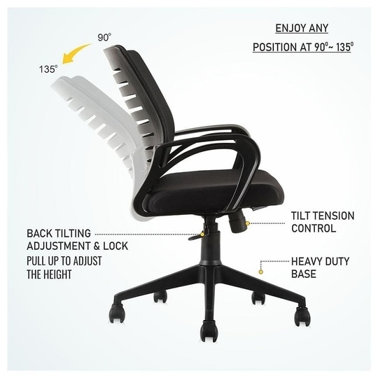ASTRIDE Ace Mid Back Office Chair for Work from Home/Study Chair Height Adjustable Revolving Chair with Tilt Lock [Heavy Duty Nylon Base, Black]