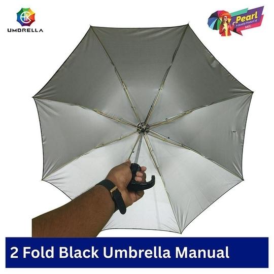 AKC PEARL 21 Black Manual 2-Fold Silver Coated UV Umbrella for Sun & Rain, Pack of 1