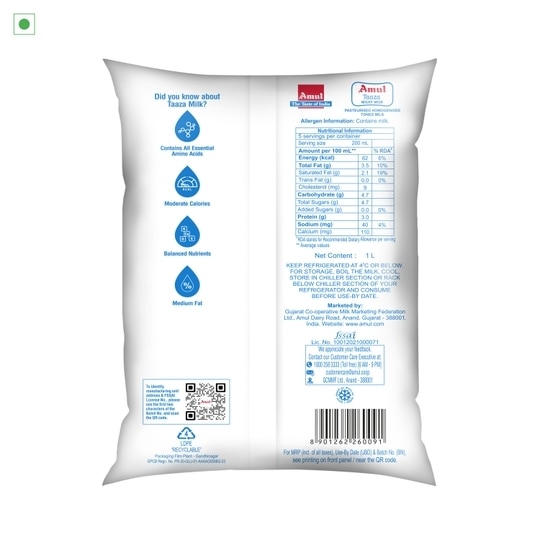 Amul Taaza Toned Milk 1 L (Pouch)