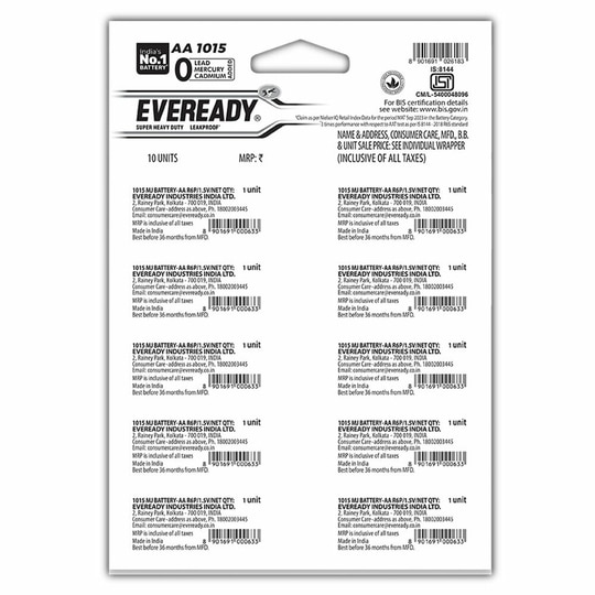 Eveready Red 1015 AA Carbon Zinc Batteries (Pack of 10)