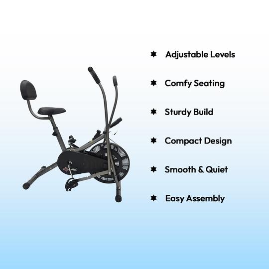 PowerMax Fitness BU-201 Dual Action Air Bike/Exercise Bike for Home |Gym Cycle for Workout With Adjustable Cushioned Seat | Non-Slip Pedals | Fixed Handles Black Gym Bike, Max user weight 120 KG