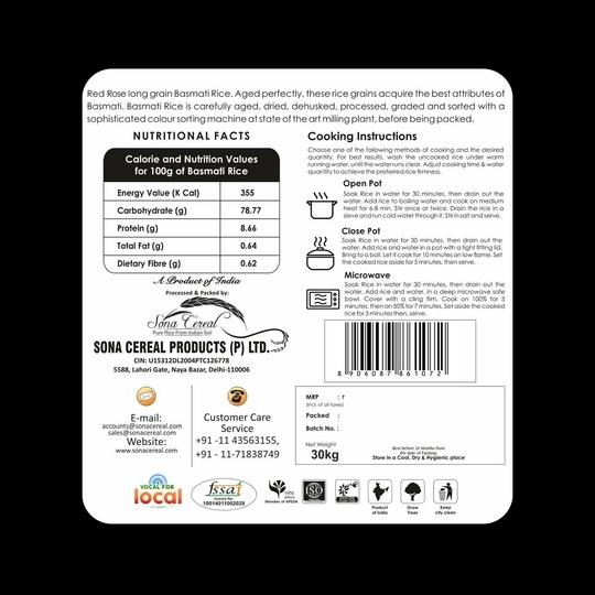 RED ROSE ROYAL XXXL BASMATI RICE, EXTRA LONG GRAIN, BEST BASMATI RICE FOR BIRYANI, 30 KG