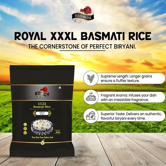RED ROSE ROYAL XXXL BASMATI RICE, EXTRA LONG GRAIN, BEST BASMATI RICE FOR BIRYANI, 30 KG