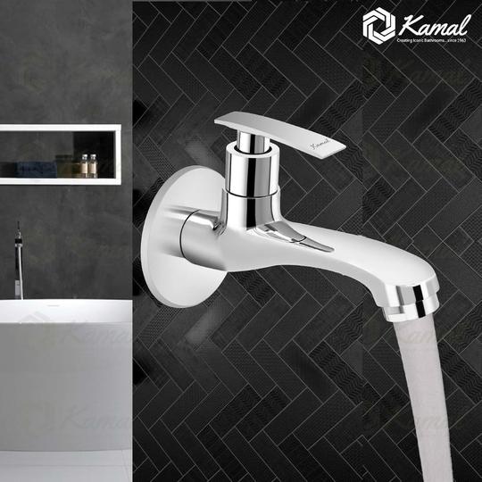 Kamal Full Brass Long Body Bib Cock Tap with Wall Flange Wall Mounted Chrome Finish Silver (Pack of 1)