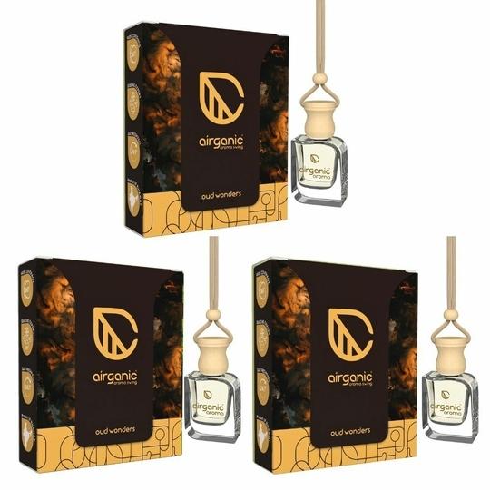 AIRGANIC Aroma Combo Offer: Oud Wonders |Pack 3| Aroma with Essential Oils in Glass Bottle with Wooden Diffuser Lid| Car Hanging Accessories| Car Accessories Interior