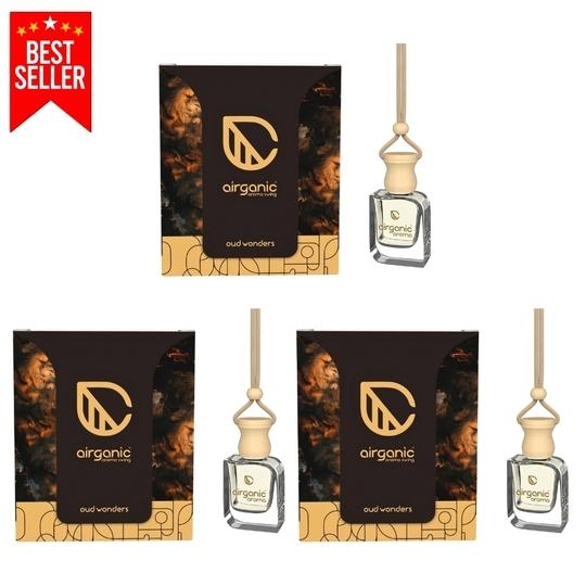 AIRGANIC Aroma Combo Offer: Oud Wonders |Pack 3| Aroma with Essential Oils in Glass Bottle with Wooden Diffuser Lid| Car Hanging Accessories| Car Accessories Interior