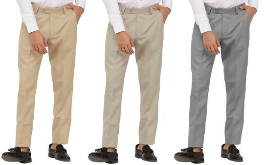 KUNDAN Men's Poly-Viscose Blended Beige, Light Cot Brown & Light Cot Grey Pack of 3 Formal Trousers