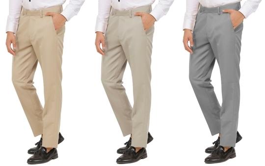 KUNDAN Men's Poly-Viscose Blended Beige, Light Cot Brown & Light Cot Grey Pack of 3 Formal Trousers