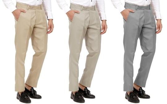 KUNDAN Men's Poly-Viscose Blended Beige, Light Cot Brown & Light Cot Grey Pack of 3 Formal Trousers
