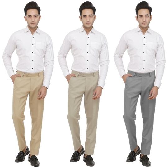 KUNDAN Men's Poly-Viscose Blended Beige, Light Cot Brown & Light Cot Grey Pack of 3 Formal Trousers