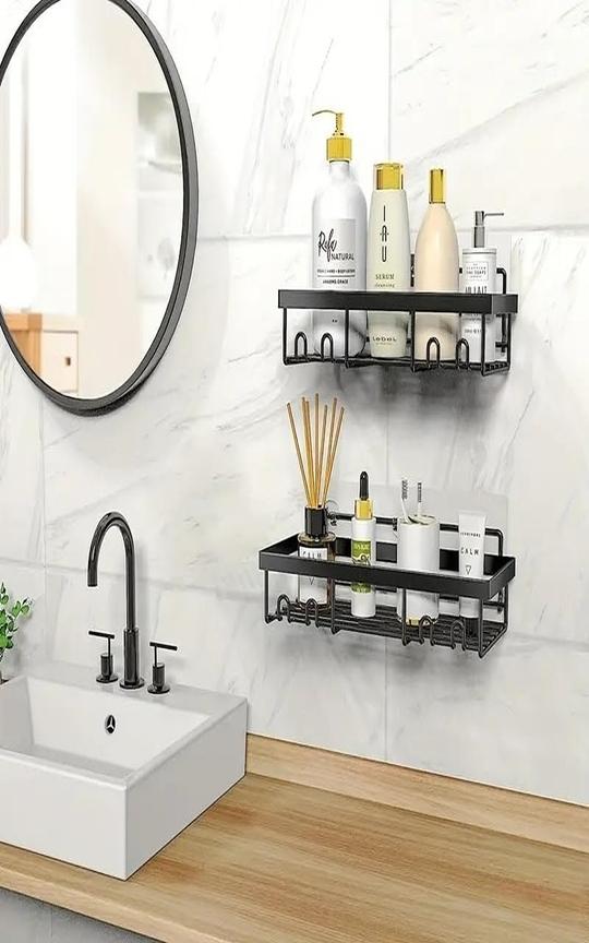 KYMIO Wall Mounted Bathroom Shelf with Hooks  Rustproof Black Shower Caddy Organizer for Shampoo, Soap, Lotion, Toothbrush & Accessories  Heavy Duty Adhesive Storage Rack for Kitchen & Bathroom