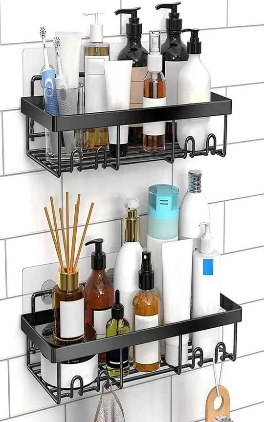 KYMIO Wall Mounted Bathroom Shelf with Hooks  Rustproof Black Shower Caddy Organizer for Shampoo, Soap, Lotion, Toothbrush & Accessories  Heavy Duty Adhesive Storage Rack for Kitchen & Bathroom