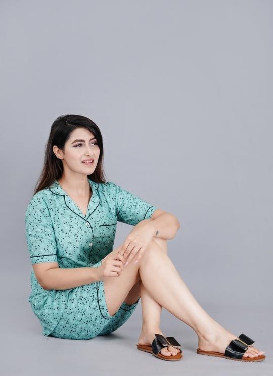 Mintmarie Women's Rayon Star Printed Green Shirt & Shorts Set-S