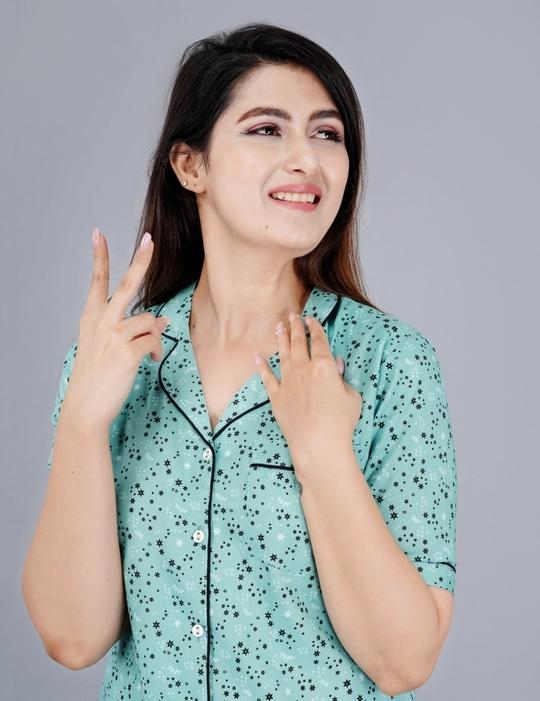 Mintmarie Women's Rayon Star Printed Green Shirt & Shorts Set-S