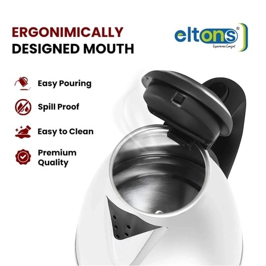 Eltons VIVA Pro 1.5 Ltr Electric Kettle with Stainless Steel Body for Boiling, Making Tea, Coffee, Soup, Etc | 1 Year Warranty (1500 W, Silver)