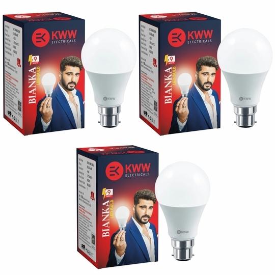 KWW 9W B22 LED Cool Day White LED Bulb, Pack of 3 | Energy-Efficient LED Lighting | Low Power Consumption | Low Electricity Bill | LED for Bedroom, Home, Kitchen, Bathroom, Washroom, Office