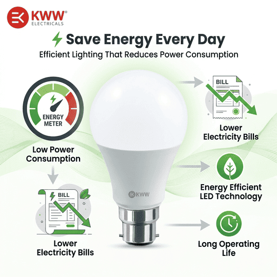 KWW 9W B22 LED Cool Day White LED Bulb, Pack of 3 | Energy-Efficient LED Lighting | Low Power Consumption | Low Electricity Bill | LED for Bedroom, Home, Kitchen, Bathroom, Washroom, Office