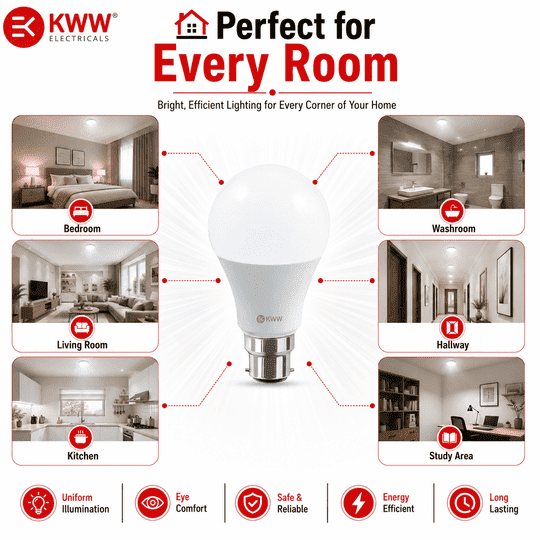KWW 9W B22 LED Cool Day White LED Bulb, Pack of 3 | Energy-Efficient LED Lighting | Low Power Consumption | Low Electricity Bill | LED for Bedroom, Home, Kitchen, Bathroom, Washroom, Office