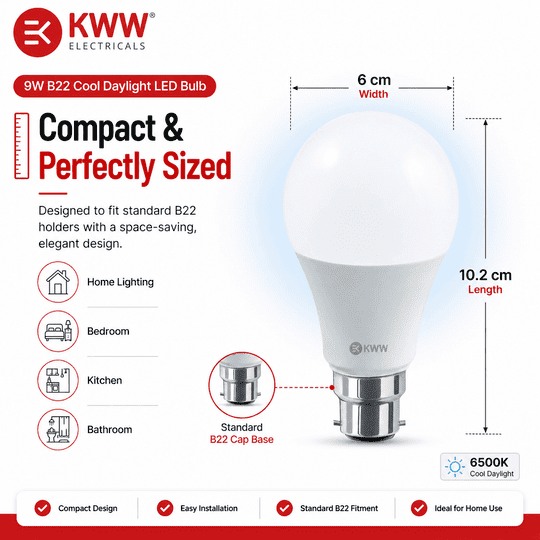 KWW 9W B22 LED Cool Day White LED Bulb, Pack of 3 | Energy-Efficient LED Lighting | Low Power Consumption | Low Electricity Bill | LED for Bedroom, Home, Kitchen, Bathroom, Washroom, Office
