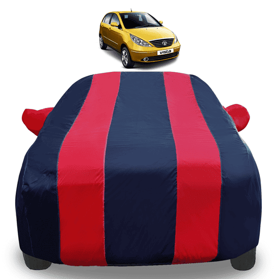 Auto Hub Car Cover Compatible with Tata Indica Vista with Mirror Pockets, Triple Stitched, Navy, Red, Water Resistant Car Body Cover