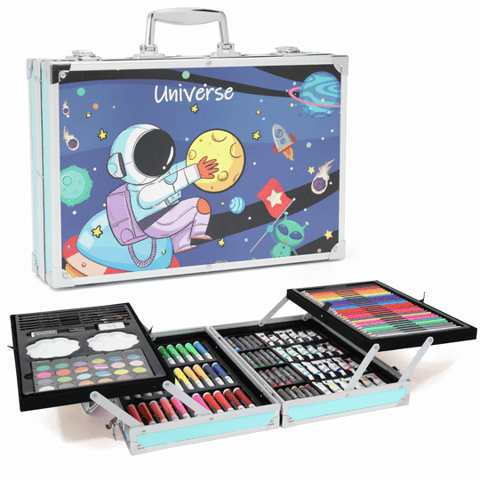 Aditi Toys Color Art Drawing Set 155 Pieces With Acrylic Paint, Colored Pencils, Oil Pastel Crayons, Sketch Pens, Watercolors, Brushes Big Coloring Suitcase, Portable Foldable Design with Carrying Handle and Snap Lock For Boys & Girls 5+ Age (Universe)
