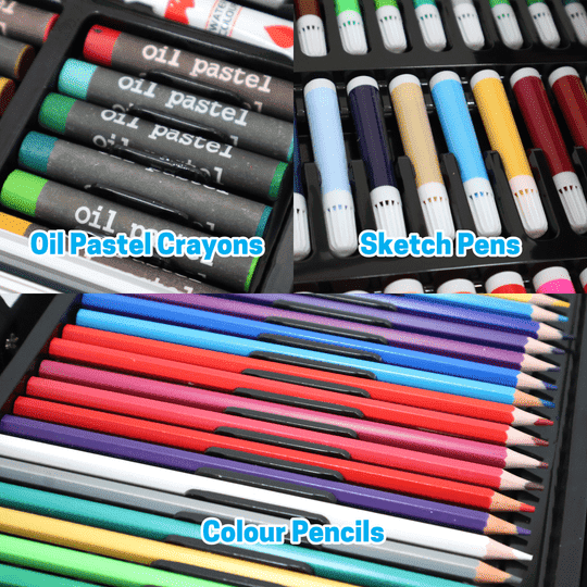 Aditi Toys Color Art Drawing Set 155 Pieces With Acrylic Paint, Colored Pencils, Oil Pastel Crayons, Sketch Pens, Watercolors, Brushes Big Coloring Suitcase, Portable Foldable Design with Carrying Handle and Snap Lock For Boys & Girls 5+ Age (Universe)