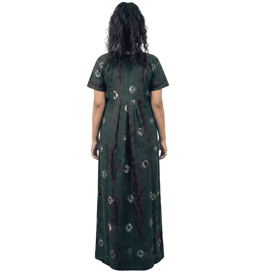 KAVZ 100% Cotton Gown Nighty Round Neck Half Sleeve Maxi Length Tie-Dye & Shibori Regular Fit Pull On Dark Green Size M