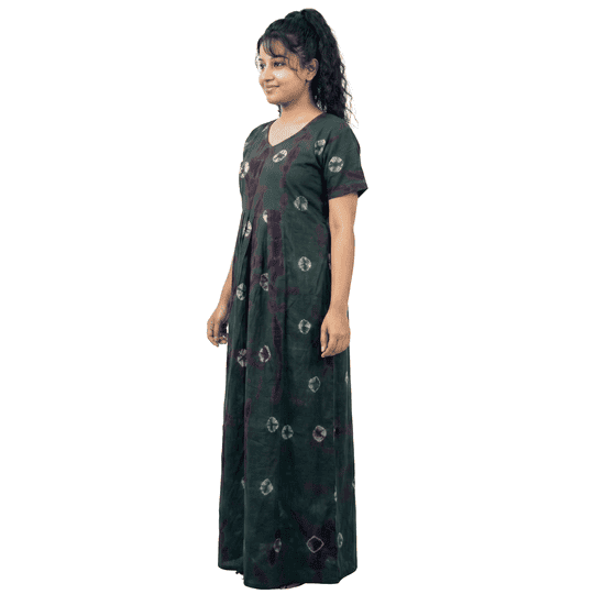 KAVZ 100% Cotton Gown Nighty Round Neck Half Sleeve Maxi Length Tie-Dye & Shibori Regular Fit Pull On Dark Green Size M