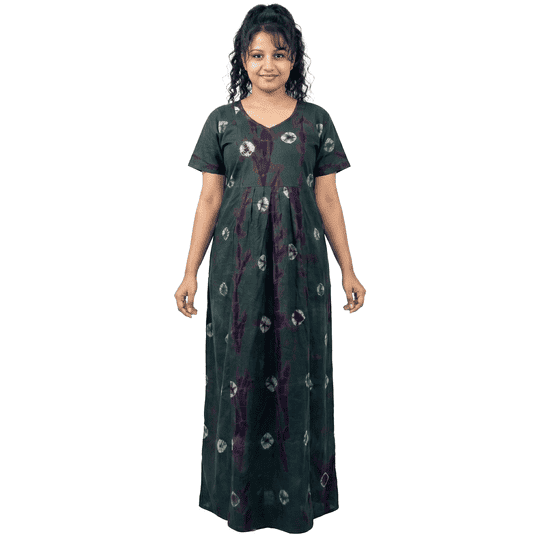 KAVZ 100% Cotton Gown Nighty Round Neck Half Sleeve Maxi Length Tie-Dye & Shibori Regular Fit Pull On Dark Green Size M